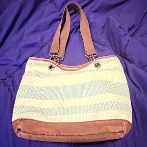 Thirty-One Turquoise Tan Woven Stripe Shoulder Purse Tote Bag Beach Picnic Swim
